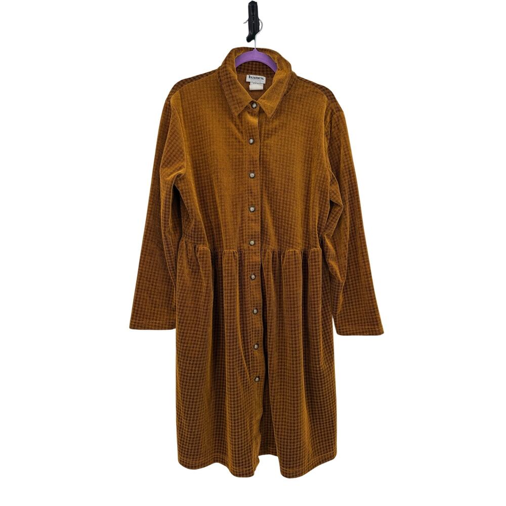 Vintage 90 Hanes Velvet Button Front Dress Size L Mustard Academia Fall